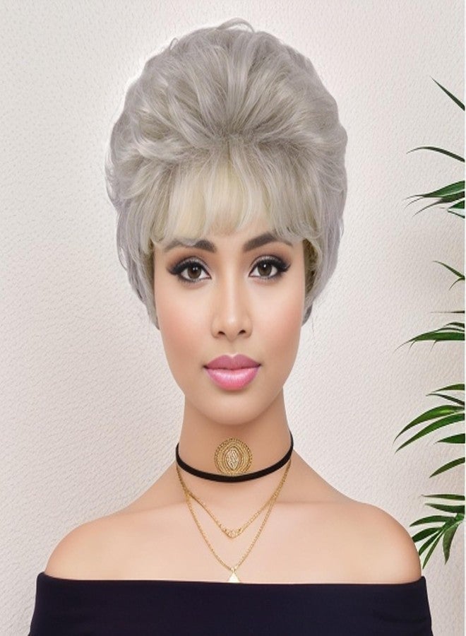 GNIMEGIL Synthetic Hair Curly Wigs Natural for Women Ombre Gray Hairstyle Old Lady Wig with Bangs Fluffy Curls Wavy Granny Silver White Wig Cosplay Halloween Costume - Image 4